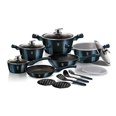 18 Piece Berlinger House Casserole Pots & Frying Pan Set Aquamarine with Layer Non Stick Marble 