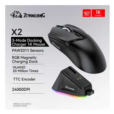 (Black) X2 Gaming Mouse Wireless RGB Magnetic Charger,24000DPI,1K Return Ziyoulang Bluetooth Tri