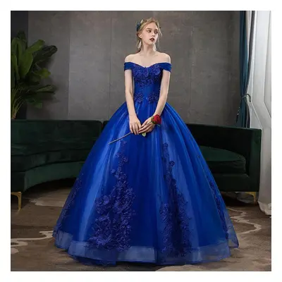 (dark blue, M) Chorus Compere Party Banquet Women Off Shoulder Applique Embroidery Solid Color E