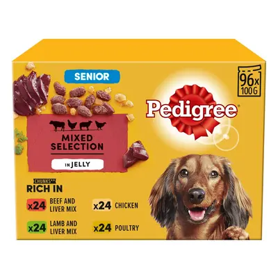 96 x 100g Pedigree Senior Wet Dog Food Pouches Mixed Selection In Jelly