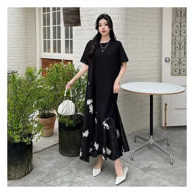 (black, 3XL) Dimanaf Plus Size Women Summer Oversize Vintage Lace Fake Two-piece Dress Loose Dre