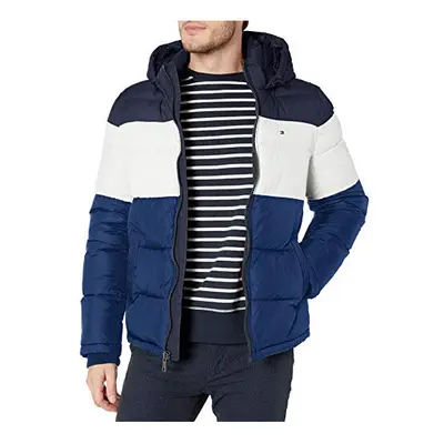 Tommy Hilfiger Men's Hooded Puffer Jacket Bluebell Color Block Small