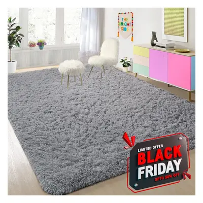 (GREY, 200X290) FLUFFY RUGS SUPER SOFT WASHABLE LIVING ROOM BEDROOM CARPET ANTI SLIP DOORMATS