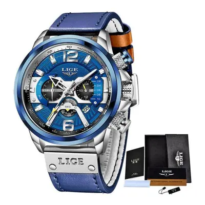 (Silver Blue) LIGE Men Watches Top Brand Luxury Blue Leather Chronograph Sports Watch For Men Fa