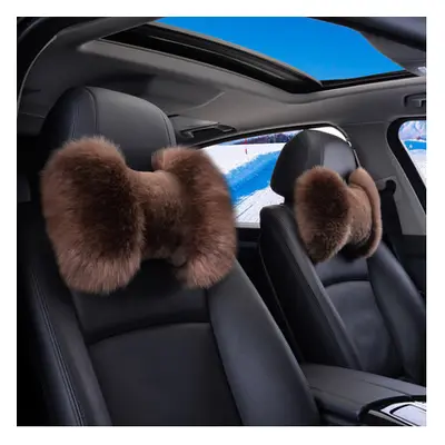 (coffee 2pcs) Winter Pure Wool Car Headrest Neck Pillow Warm Soft Fur Auto Bone Seat