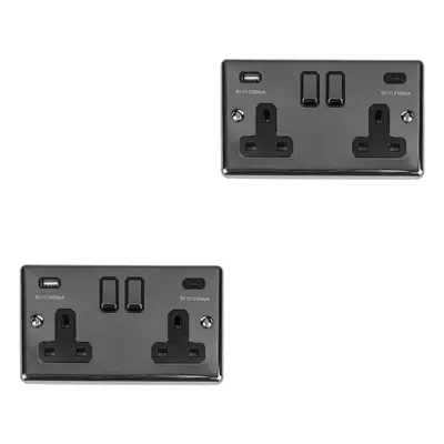 2 PACK Gang Double UK Plug Socket & Dual 3.1A USB-C BLACK NICKEL 13A Switched