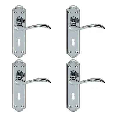 4x PAIR Curved Door Handle Lever on Lock Backplate x 45mm Polished Chrome