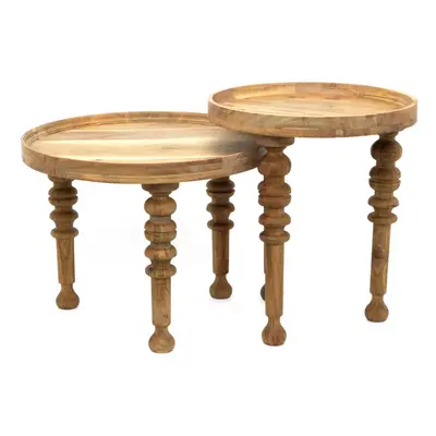 Set Of Acacia Wood Side Tables | 2-piece Antique Style Living Room Accent End Tables | Rustic Wo