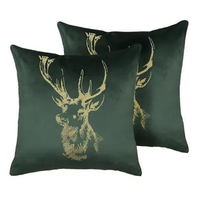 Set of Velvet Cushions Reindeer Print x cm Green BLITZEN