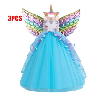 (blue, 140CM) Lace Unicorn Dress Party Birthday Flower Princess Dress With Headband Wing Childre