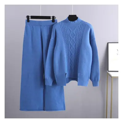 (blue, OneSize) Autumn Winter Half High Collar Solid Color Twist Long Sleeve Sweater Sets For La