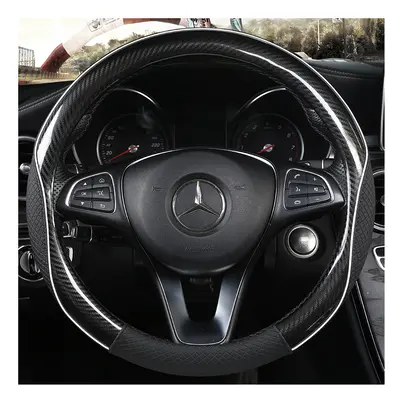 (BLACK O SHAPE) Carbon Fiber +Leather Car Steering Wheel Cover 38CM Non-slip Wear-resistant