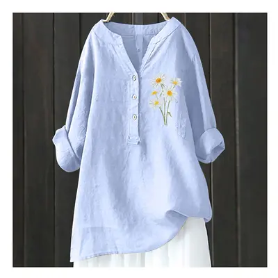 (HCY28, M) Women's Autumn Winter New Fashion Printed Button Up Shirt Long Sleeved Bamboo Linen C