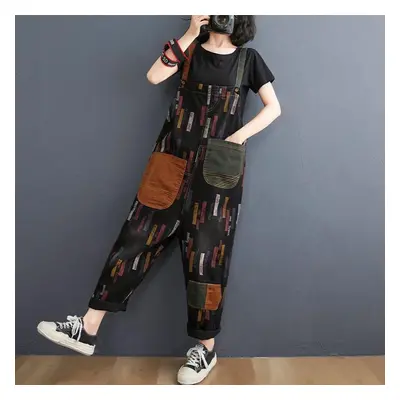 (S, black) Spring And Summer Women&apos;s Retro Printed Denim Patch One-piece Jeans Jumpsuits