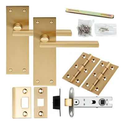 Door Handle & Latch Pack Satin Brass Straight Flat Bar Lever Slim Backplate