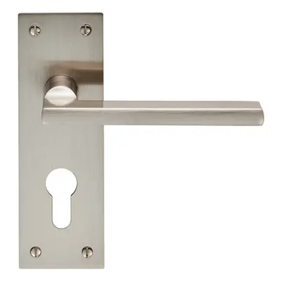 PAIR Straight Bar Handle on Slim Euro Lock Backplate x 50mm Satin Nickel