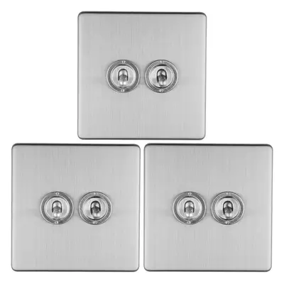 3 PACK Gang Double Retro Toggle Light Switch SCREWLESS SATIN STEEL 10A Way