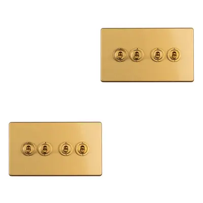 2 PACK Gang Quad Retro Toggle Light Switch SCREWLESS SATIN BRASS 10A Way