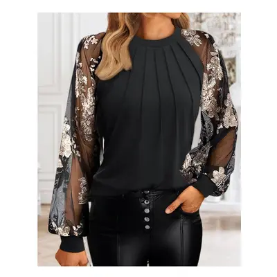 (Black 2, L) Spring women Fashion mesh spliced Round Neck long Sleeve Loose Blouse Tops office l