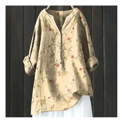 (HCY08, M) Women's Autumn Winter New Fashion Printed Button Up Shirt Long Sleeved Bamboo Linen C