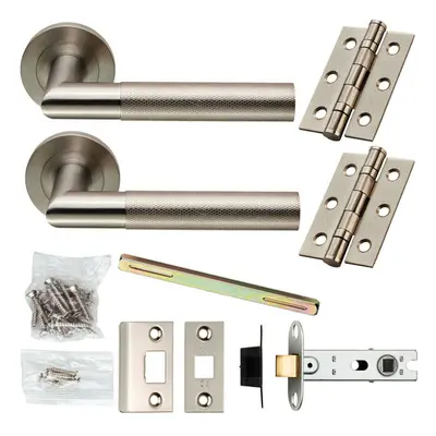 Door Handle & Latch Pack Satin Steel Modern Knurled Bar Screwless Round Rose