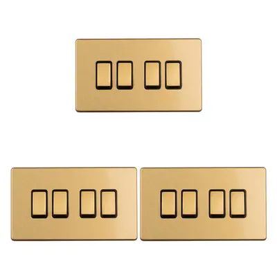 3 PACK Gang Quad Light Switch SCREWLESS SATIN BRASS Way 10A Slim Rocker