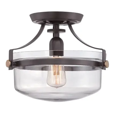 Semi Flush Light Inverted Clear Glass Shade Banded Metal Bronze LED E27 60W