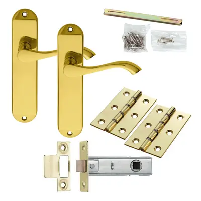 Door Handle & Latch Pack Brass Modern Scroll Curved Slim Rounded Backplate