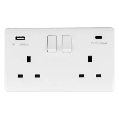 2 Gang Double UK Plug Socket & Dual 3.1A USB-C & A WHITE PLASTIC 13A Switched