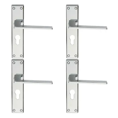 4x Flat Straight Lever on Euro Lock Backplate Handle x 40mm Polished Chrome