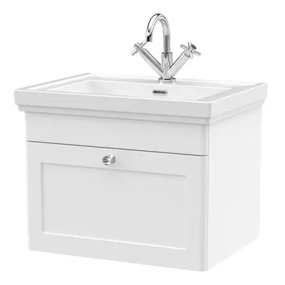 Traditional Wall Hung Drawer Vanity Unit with Tap Hole Fireclay Basin, 600mm - Satin White