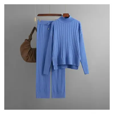 (blue, OneSize) Fall Winter Lazy Wind Loose Half High Collar Pulllover Sweater Suit Women&apos;s