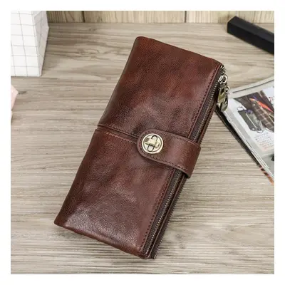 (coffee) Genuine Leather Women Long Wallet With Zipper Phone Pocket Money Bag With Airtag Slot F