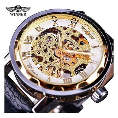 (white,gold) T-winner Men Relogios Skeleton Watches Brand Luxury Leather Strip Wrist Watch Men M