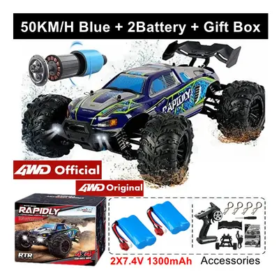 (50KM Blue 2Battery) 4WD 1:16 Super Brushless Brushed RC Car 4x4 Off Road Remote Control High Sp