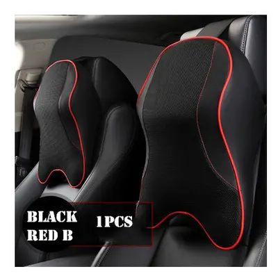 (black red B 1pcs) Leather Mesh Car Neck Pillow Set Memory Foam Auto Headrest Waist Support