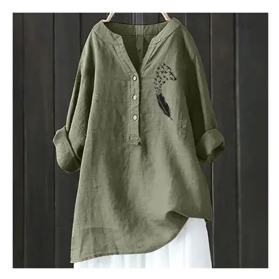 (HCY49, XXL) Women's Autumn Winter New Fashion Printed Button Up Shirt Long Sleeved Bamboo Linen