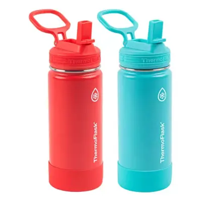 ThermoFlask 16oz Stainless Steel Water Bottle 2Pack Red and Aquamarine