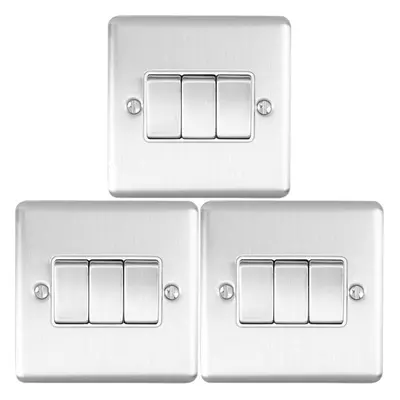 3 PACK Gang Triple Metal Light Switch SATIN STEEL Way 10A White Trim