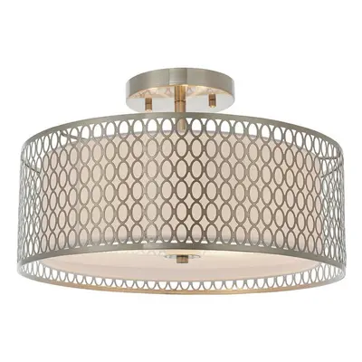 Low Ceiling Geometric Light Satin Nickel Glass & Fabric Round Modern Lamp Shade