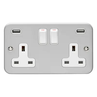 2 Gang Double 13A Switched UK Plug Socket & 2.1A USB-A HEAVY DUTY METAL CLAD