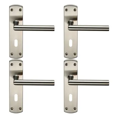 4x Mitred Lever Door Handle on Lock Backplate x 44mm Satin Stainless Steel