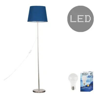 Modern Standard Floor Lamp in a Brushed Chrome Metal Finish with a Navy Blue Tapered Shade - Com