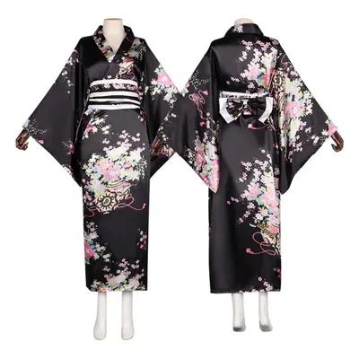 (Black, L) Traditional Japanese Kimono Cosplay Costume Women's Yukata Set for Anime, Stage Perfo