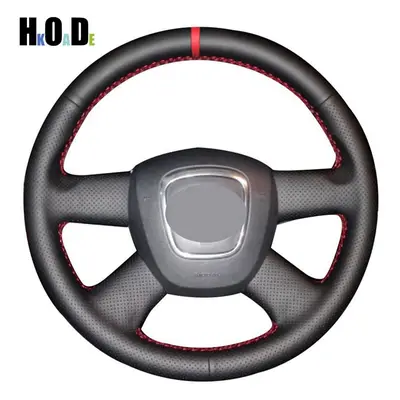 (Red Thread) Hand-stitched Black Leather DIY Car Steering Wheel Cover for Audi Old