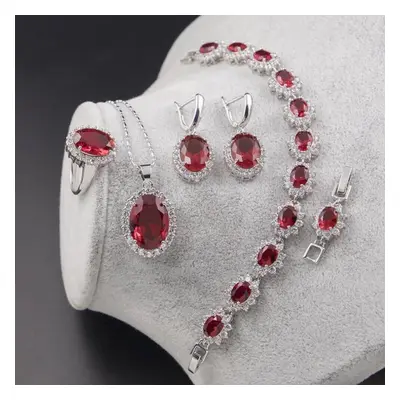 (red, 9) Ring Earrings Necklace Bracelet Silver Jewelry Set Oval Shape Zircon Gemstone Accessori