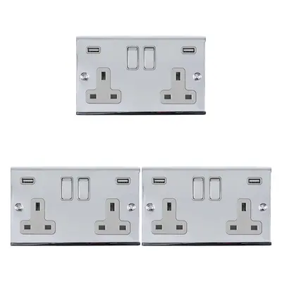 3 PACK Gang Double UK Plug Socket & 2.1A USB-A CHROME & GREY 13A Switched