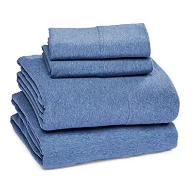 Amazon Basics Cotton Jersey 4-Piece Bed Sheet Set King Chambray Blue Solid