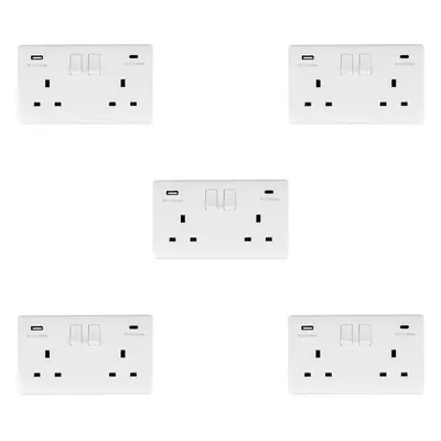 5 PACK Gang UK Plug Socket & Dual 3.1A USB-C & A WHITE PLASTIC 13A Switched