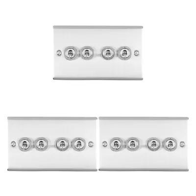 3 PACK Gang Quad Retro Toggle Light Switch SATIN STEEL 10A Way Wall Plate